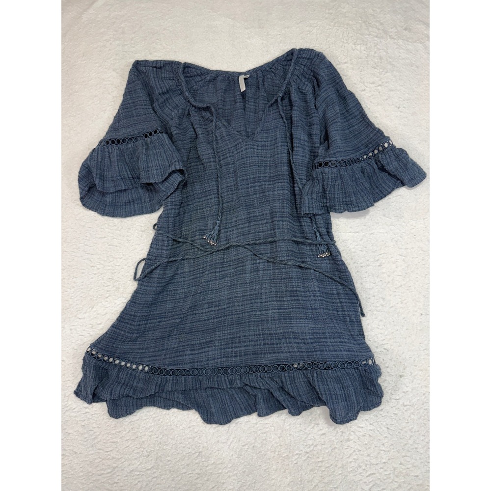 Seafolly Australia Blue Textured Ruffle Eyelet Beach Cover Up Dress S